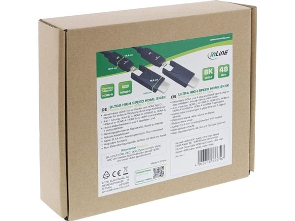 InLine 17910O, 10 m, HDMI Typ-A/HDMI Typ-D, HDMI Typ-A/HDMI Typ-D, 3D, 48 Gbit/sek, Sortera
