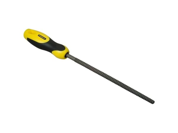 Stanley 0-22-473, Rasp, Rund fil, Mellom grov og 2. kutt, Kull stål, Sort, Gult, Grep som ikke glir, Mykt grep