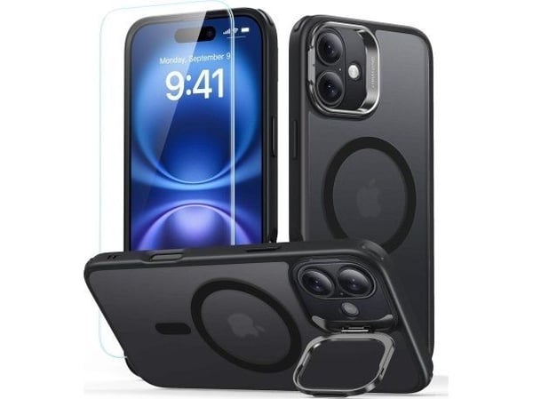 ESR Classic Hybrid Kickstand Halolock MagSafe etui + herdet glass til iPhone 16 - sort