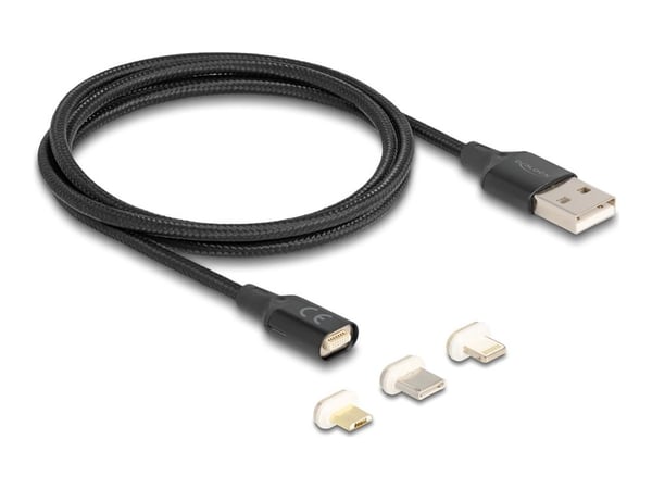 Delock - Sats med USB-laddningsadapter - USB (hane) till mikro-USB typ B, Lightning, 24 pin USB-C (hane) magnetisk - USB 2.0 - 5 V - 3 A - 1 m - svart