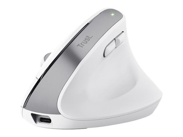 Trust Bayo+ - Vertikal mus - ergonomisk - flera enheter - högerhänt - optisk - 6 knappar - trådlös - 2.4 GHz, Bluetooth - trådlös USB-mottagare - vit