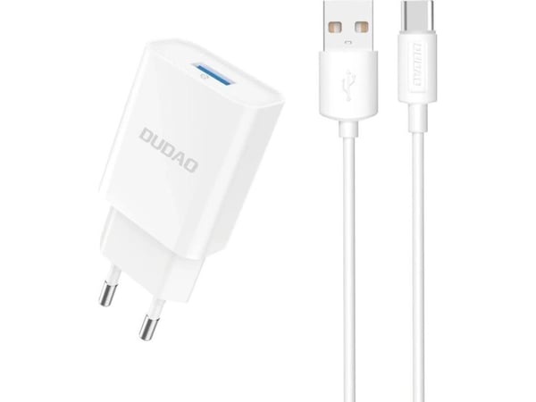 Nettlader Dudao A4EU USB-A 2.1A + USB-A til USB-C-kabel, hvit