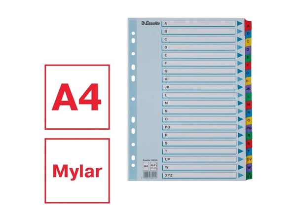 Esselte - Inndeler - 10 deler - fortrykt: A-Z - for A4 (210 x 297 mm) - med fliker - multifarge