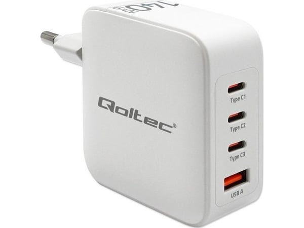 Qoltec - Strømadapter - GaN, 5-20V, 2.5-5A - 140 watt - 5 A - PD, QC 3.0 - 4 utgangskontakter (USB, 3 x USB-C (PD)) - hvit