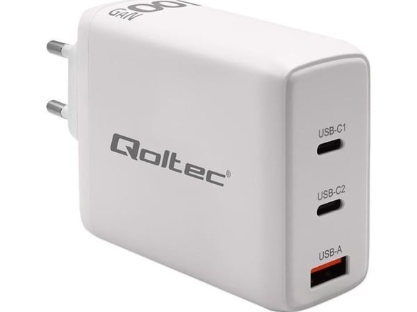 Qoltec 100W GaN lader| 5-20V | 1,5-5A | 2 x USB-C PD | 1 x USB QC 3.0 | Hvit