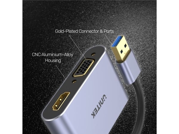 Unitek V1304A - Video adapter - 4-pins mini USB-type A hann til HD-15 (VGA), HDMI hunn - 15 cm - romgrå - 1080p støtte 60 Hz