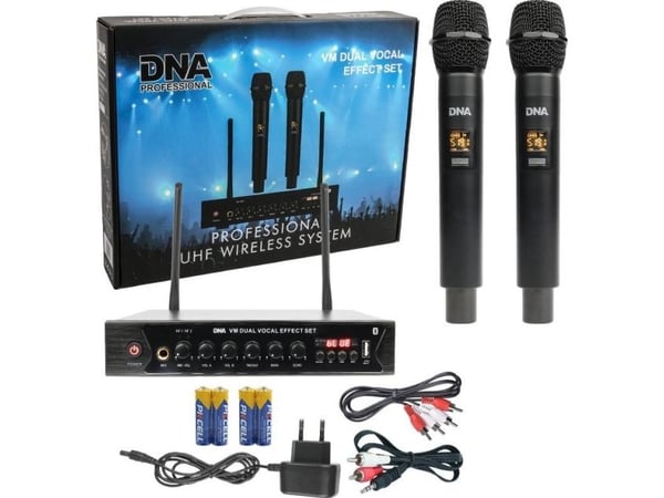 Mikrofon DNA DNA VM DOBBELT VOKALEFFEKTSETT trådløs mikrofon 2x håndholdt sender lydsystem 518-542 MHz USB Bluetooth