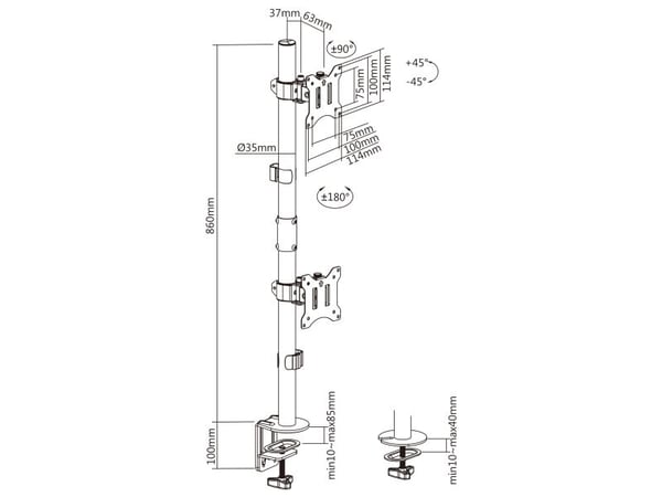 InLine 23108F, Klemme/malje, 9 kg, 43,2 cm (17"), 81,3 cm (32"), 100 x 100 mm, Svart