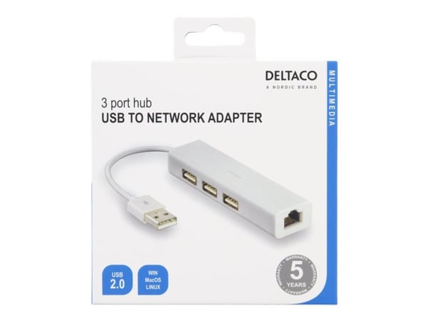 DELTACO USB2-LAN3 - Nätverkskort - USB 2.0 - 10/100 Ethernet x 1 + USB 2.0 x 3 - vit