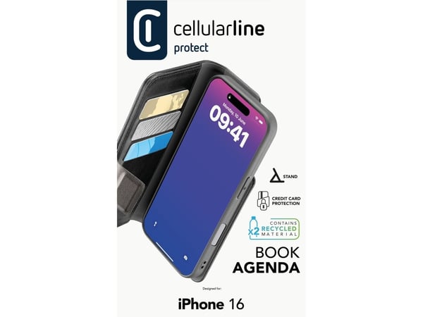 Cellularline 8018080482649, Folio-kotelo, Apple, iPhone 16, 15,5 cm (6.1"), musta