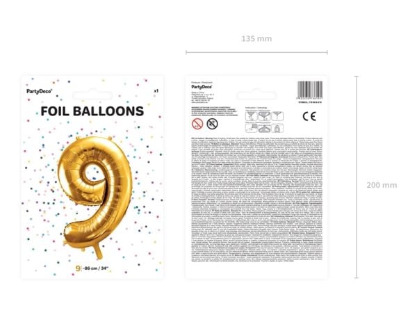Party Deco Folieballong nummer "9", 86cm, universalgull
