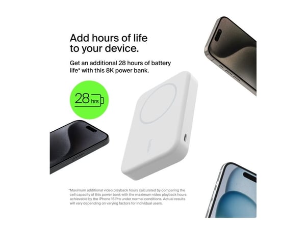 Belkin - Trådløs nødlader - magnetisk med Qi2 - 8000 mAh - 15 watt - Fast Charge (USB-C) - på kabel: USB-C - hvit