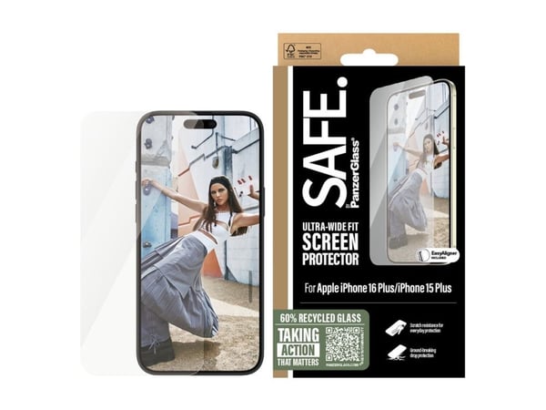 SAFE. by PanzerGlass - Skjermbeskyttelse for mobiltelefon - ultrabred passform - glass - for Apple iPhone 15 Plus, 16 Plus