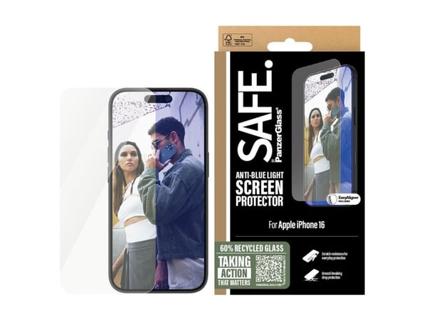 SAFE. by PanzerGlass - Skjermbeskyttelse for mobiltelefon - anti-blått lys, ultrabred passform - glass - for Apple iPhone 15, 16