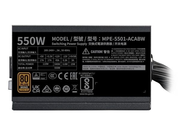 Cooler Master MWE Bronze V3 550 - Strømforsyning (intern) - ATX12V 3.1/ EPS12V - 80 PLUS Bronze - AC 100-240 V - 550 watt - aktiv PFC - Europa