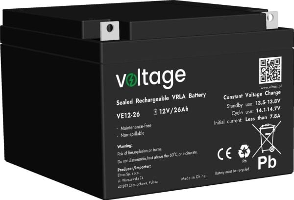 AGM-spenning 12V 26Ah VE12-26 batteri (levetid 6-9 år)
