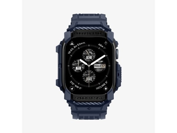 Spigen Rugged Armor Pro, Fodral + armband, Smartwatch, Marinblå, Apple, Apple Watch 10 (46mm), Termoplastisk polyuretan (TPU)
