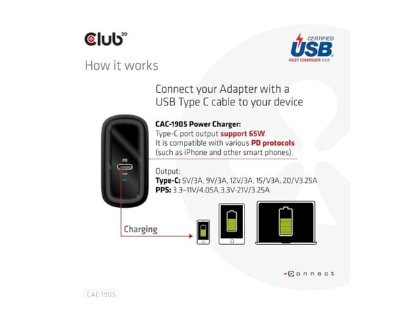 Club 3D CAC-1905 - Strømadapter - AC 100-240 V - 65 watt