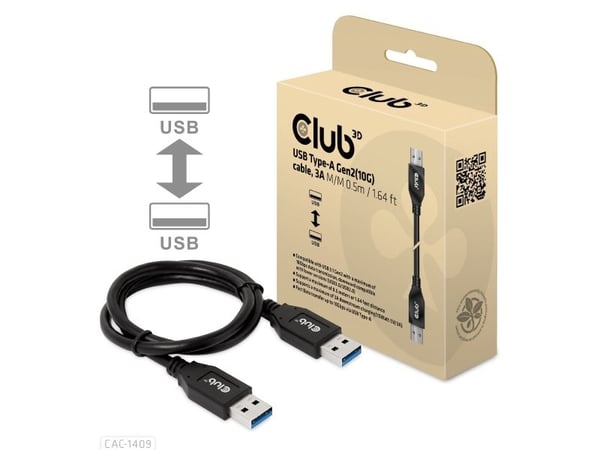 Club 3D - USB-kabel - USB-type A (hann) til USB-type A (hann) - USB 3.1 Gen 2 - 3 A - 0.5 m