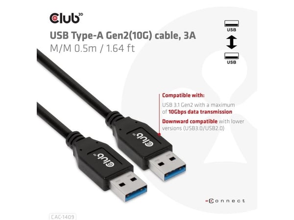 Club 3D - USB-kabel - USB-type A (hann) til USB-type A (hann) - USB 3.1 Gen 2 - 3 A - 0.5 m
