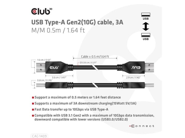 Club 3D - USB-kabel - USB-type A (hann) til USB-type A (hann) - USB 3.1 Gen 2 - 3 A - 0.5 m