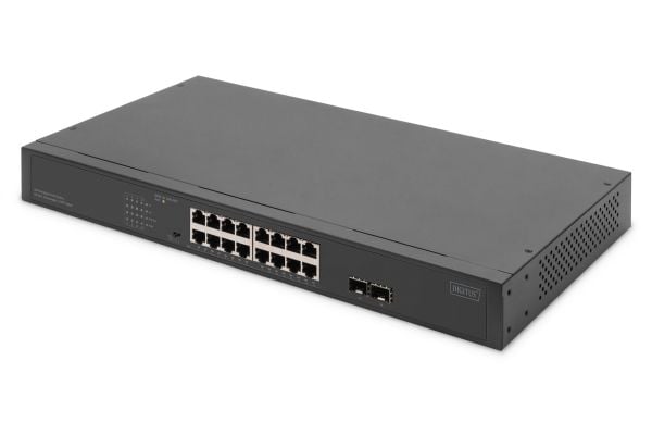 DIGITUS - Switch - 19", 2 Uplink ports - ikke-styrt - 16 x Gigabit Ethernet + 2 x Gigabit SFP - stasjonær - PoE+ (250 W)