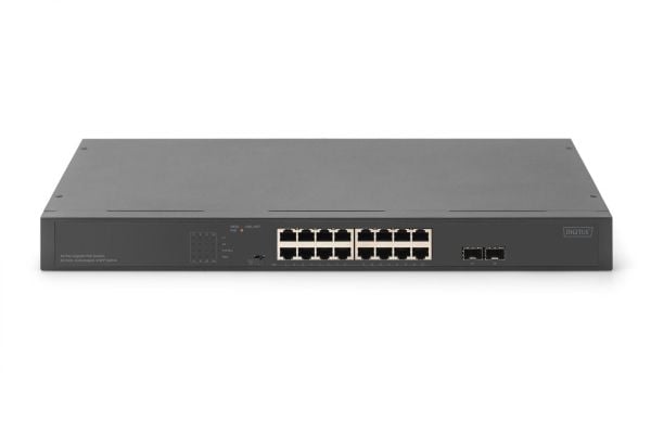 DIGITUS - Switch - 19", 2 Uplink ports - ikke-styrt - 16 x Gigabit Ethernet + 2 x Gigabit SFP - stasjonær - PoE+ (250 W)