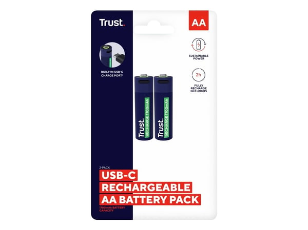 Trust 25584, Oppladbart batteri, AA, 2 stk, 1700 mAh, 2 timer, Kortslutning