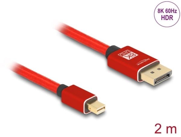 Delock - DisplayPort-kabel - Mini DisplayPort (hann) til DisplayPort (hann) - DisplayPort 1.4 - 2 m - 8K 60Hz støtte - rød