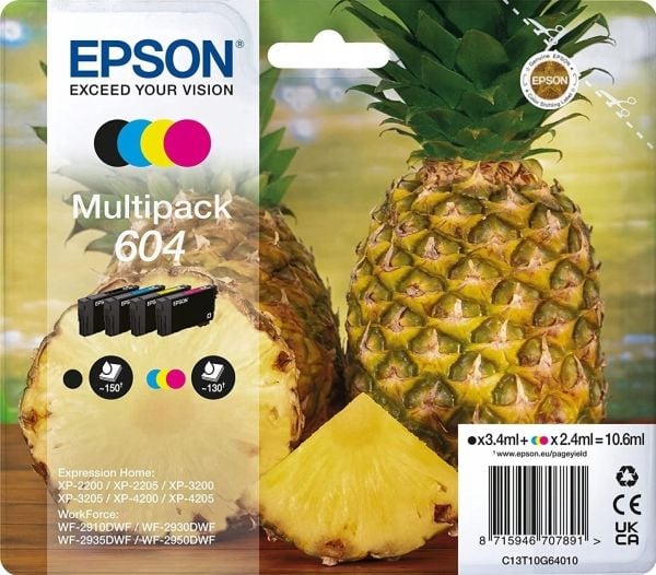 Epson 604, Perusvärintuotto, Musta, Syaani, Magenta, Keltainen, 3,4 ml, 2,4 ml, 4 kpl, Monipakkaus