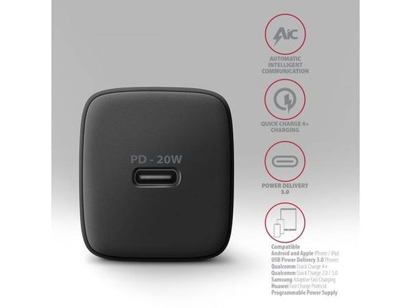Axagon AXAGON ACU-PD20, 20W verkkolaturi, 1x USB-C-portti, PD3.0/PPS/QC4+/AFC/Apple, musta