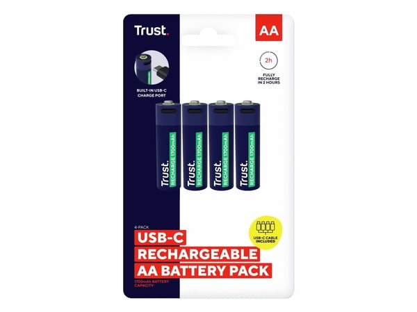 Trust 25631, Oppladbart batteri, AA, 4 stk, 1700 mAh, 2 timer, Kortslutning