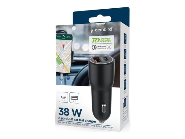 GEMBIRD GEMBIRD Rapid autolaturi 2x USB Type-C PD 38W musta