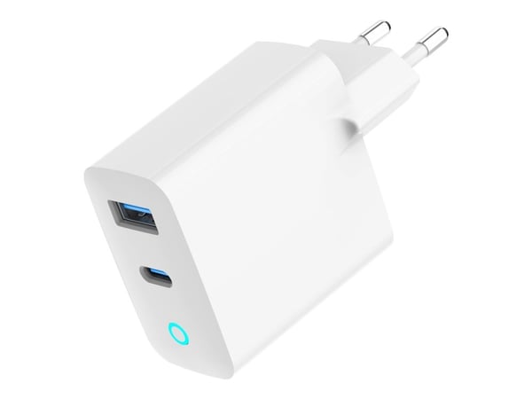 Gembird - Strømadapter - GaN, LED - 65 watt - 3 A - PD, QC 3.0 - 2 utgangskontakter (USB-C, USB-type A) - hvit