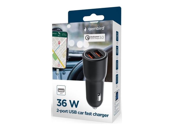 Gembird - Bilstrømadapter - 36 watt - 3 A - QC 3.0 - 2 utgangskontakter (USB-type A) - svart
