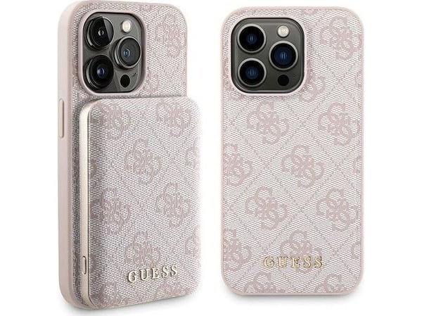 Dekal Set Guess GUBPM5P15X4GEMGP iPhone 15 Pro Max 6,7" hårdskal + Powerbank 5000mAh MagSafe rosa/rosa 4G Metal Logo