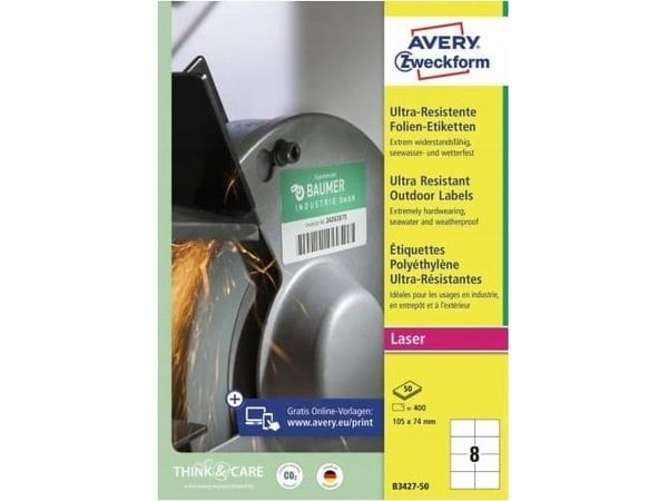 Avery B3427-50 105 x 74 mm, A4, belagt, matt, hvit – lang holdbarhet