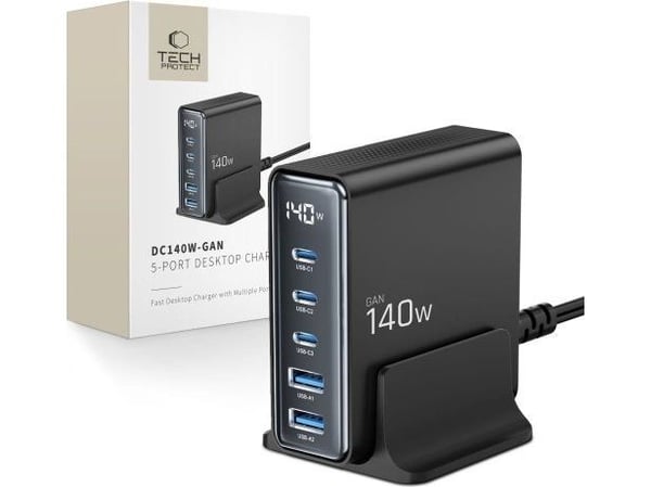Tech-Protect DC140W-GAN 5-ports skrivebordslader PD140W/QC3.0 BLACK