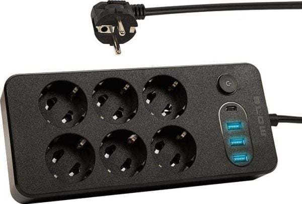 Blow 98-210# Jatkojohto ps-620 6-pistorasia 3xusb 1xusb-c 2m musta 2x1mm