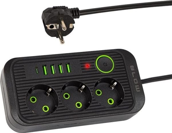 Blow 98-235# Jatkojohto ps-350u 3-pistorasia 4xusb 1xusb-c 5m musta 2x1mm