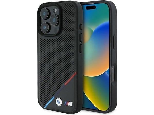 BMW M perforerad tricolor line MagSafe-skal till iPhone 16 Pro - svart