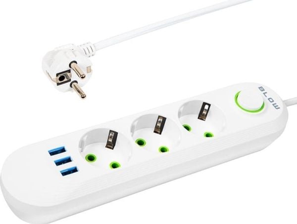 Blow 98-216# Jatkojohto ps-320 3-pistorasia 3xusb 2m valkoinen 2x1mm