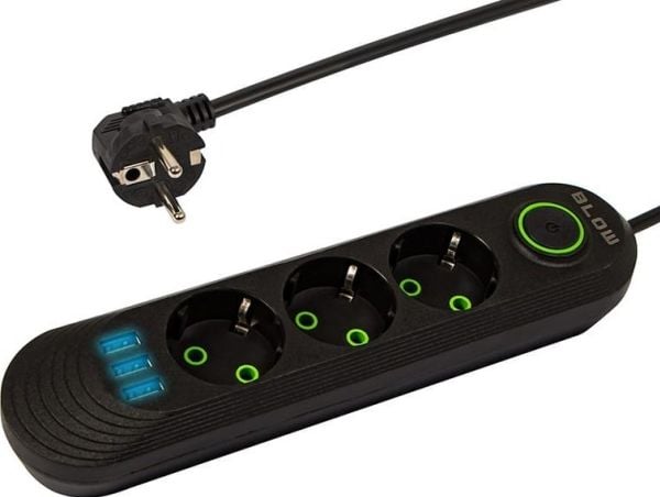Blow 98-215# Verkkoverkon jatkojohto ps-350 3-pistorasia 3xusb 5m musta 2x1mm