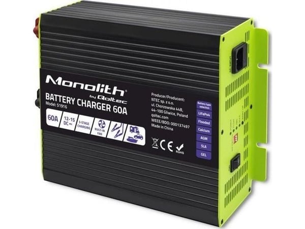 Qoltec Älykäs ammattimainen Monolith-akkulaturi LiFePO4 AGM GEL SLA akuille | 60A | 12V | nopea lataus | nopea lataus
