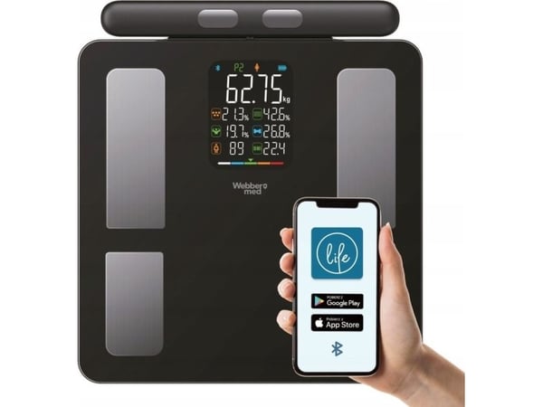 Webber Kylpyhuoneen vaaka Analyyttinen kylpyhuoneen vaaka 15 parametria Apple Health Google Fit SCALA WEBBER