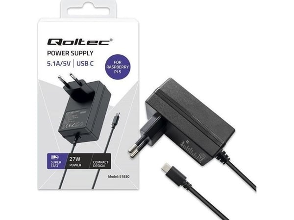 Qoltec - Strømadapter - super fast PD, 5.1V, 5A - 27 watt - 5 A - PD (USB-C) - svart