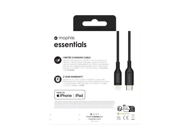 mophie essentials Lightning to USB-C | charging cable 1M, 1 m, Lightning, USB C, Hankjønn, Hankjønn, Svart