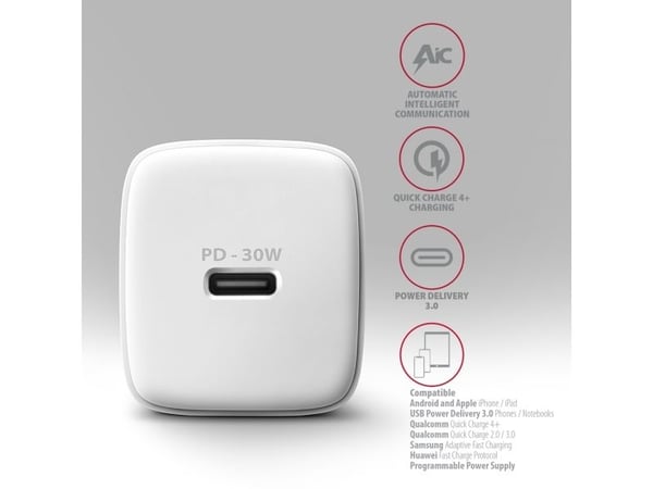 AXAGON ACU-PD30W - Strømadapter - 30 watt - 3 A - PD 2.0, PD 3.0, QC 2.0, QC 3.0, QC 4.0+, Huawei Fast Charge, PD/PPS, AFC, SFC (USB-C) - hvit