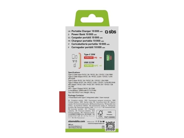 SBS TTBB10000LCDTTCD20G, 10000 mAh, adaptiv hurtiglading, strømforsyning, grønn