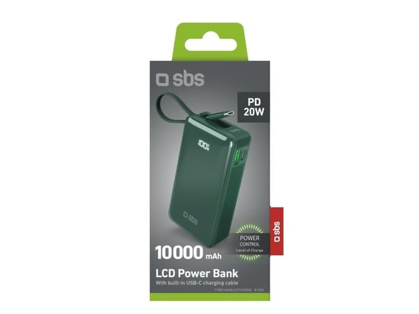 SBS TTBB10000LCDTTCD20G, 10000 mAh, adaptiv hurtiglading, strømforsyning, grønn